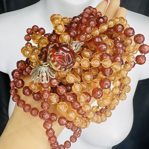 Vintage Chunky Amber Yellow Lucite Multi Strand Beaded Necklace Dome Box Clasp - Picture 9 of 16